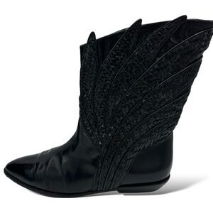 GLACEE Black Basket Weave Leather Vintage Calf High Pointed Toe Booties Size 8M